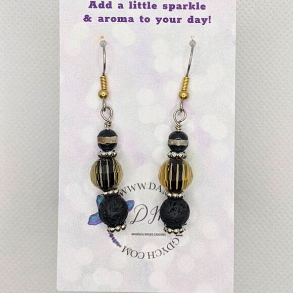 Artisan Made Dangle Diffuser Earrings Striped Glass Black Lava Beads Pierced NEW - Picture 3 of 10